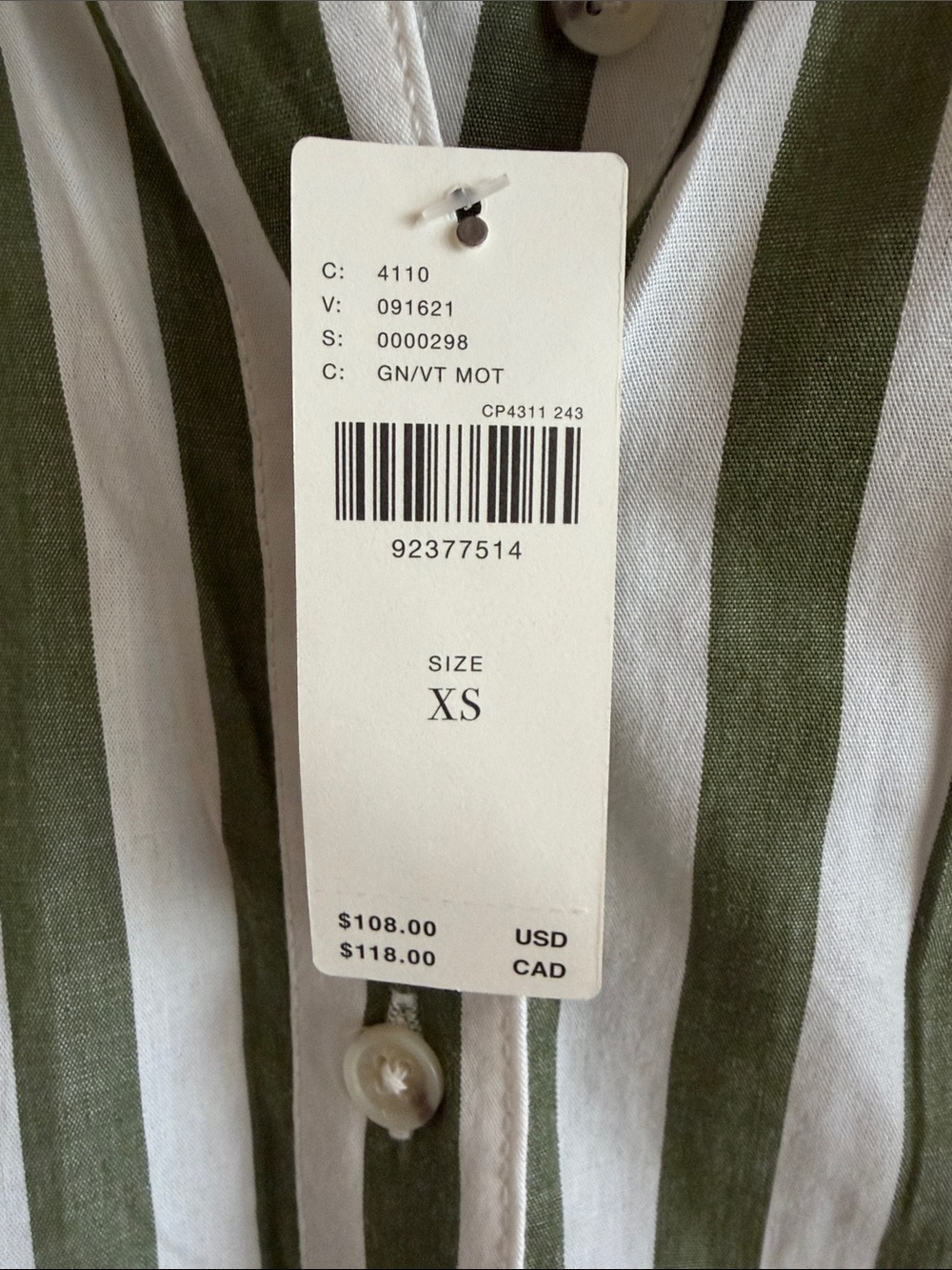NWT Pilcro Anthropologie Green Striped Oversized Button-Down Shirt XS - Picture 8 of 8